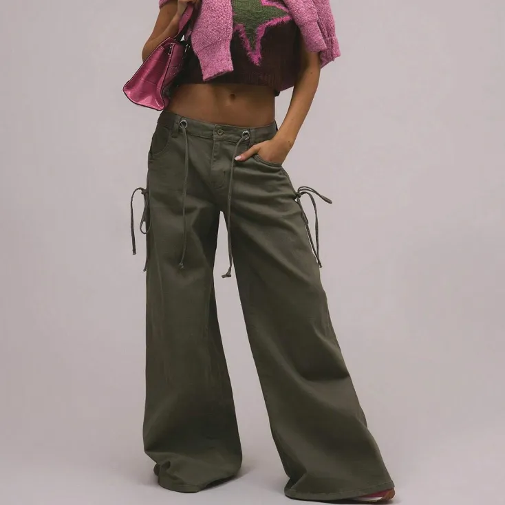 Low Waist Ruffled Adjustable Denim Women - Olive Green