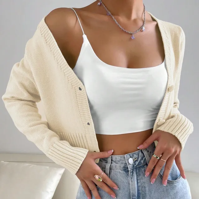 Flirla Solid Button Front Crop Cardigan Long Sleeve Tops Apricot - Shop at LoveMi