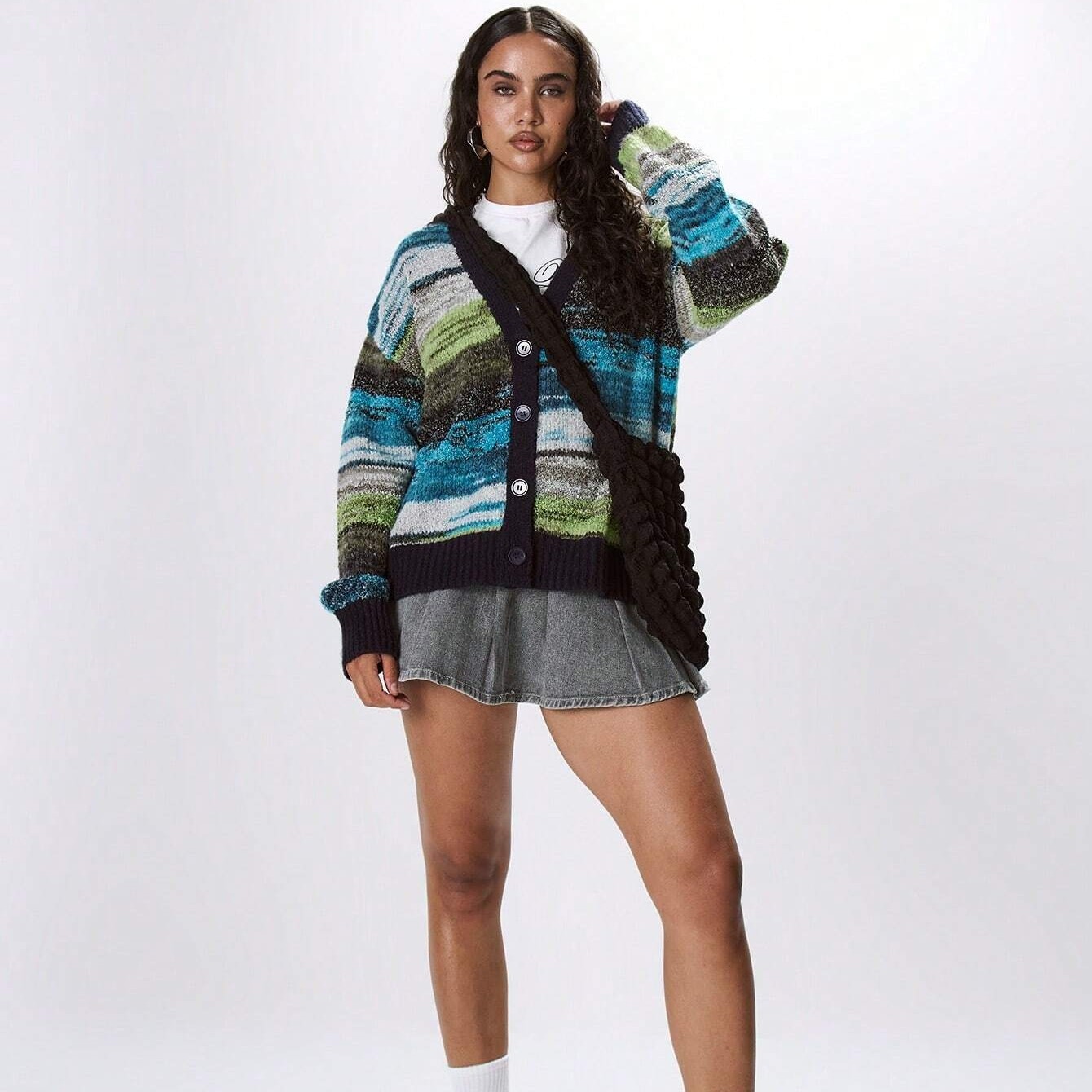 Color Blocked Edge Marble Knitted Cardigan