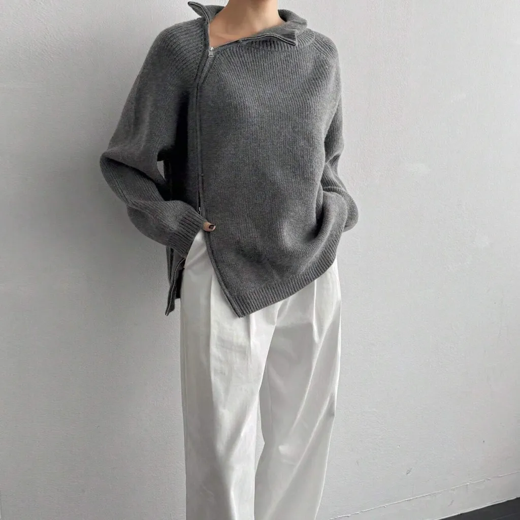 Collar High Collar Open Top Pullover For Women - Grey