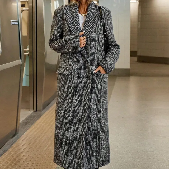 Women's Herringbone Lapel Long Sleeved Coat Grey - Shop at LoveMi