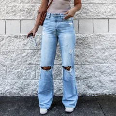 Women's Ripped High Waist Retro Slim Fit Denim Boot-cut Pants - Light Blue - View 1