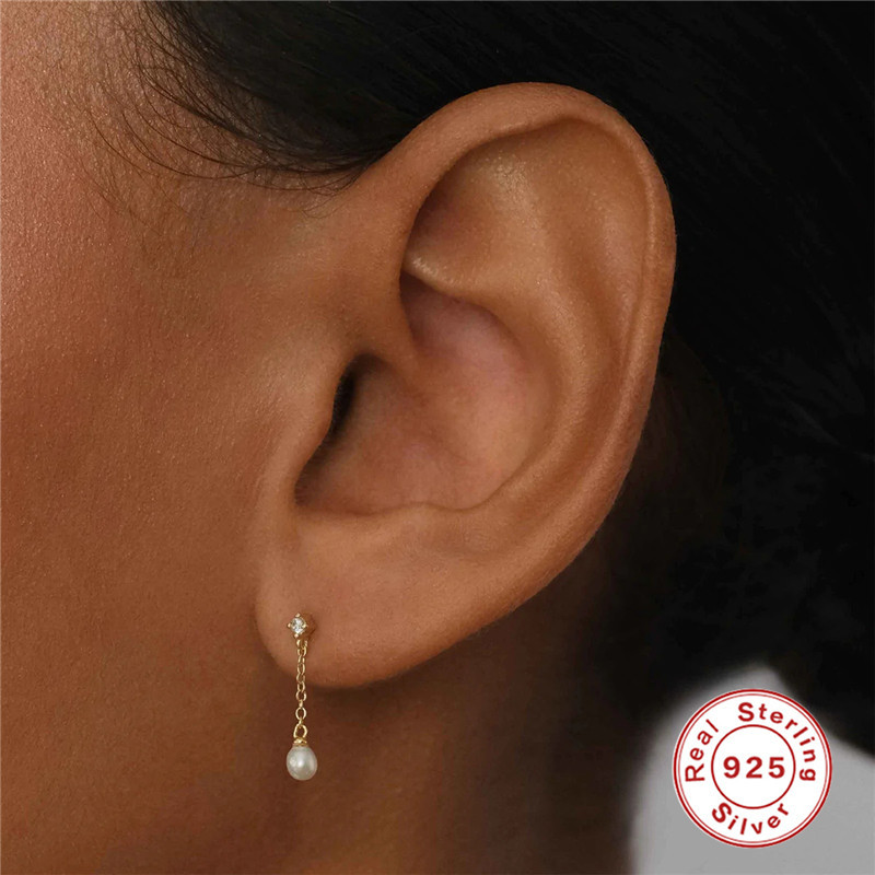 S925 Sterling Silver Tassel Diamond Temperamental Pearl Stud Earrings