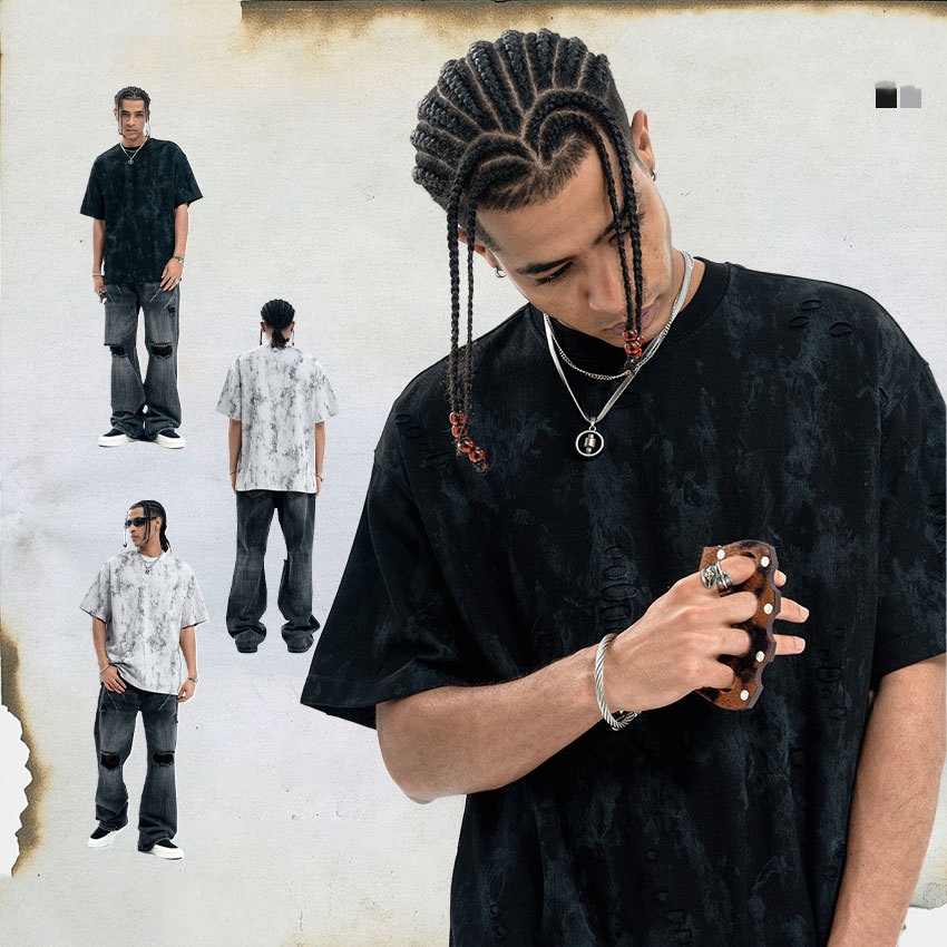 Ripped Edging Design Small Neckline Loose National Fashion Short Sleeve T-shirt