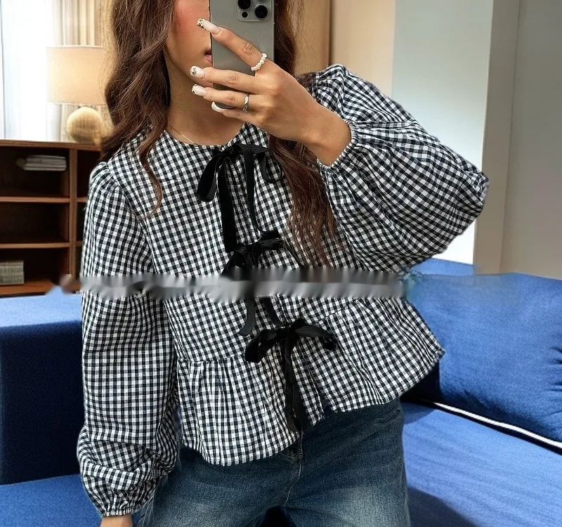 Summer Women's Plaid Loose Bow Long Sleeve Shirt - Black - View 1