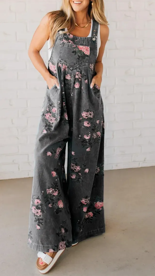 Fashion Denim Floral Print Sleeveless Strap Jumpsuit Grey - Shop at LoveMi