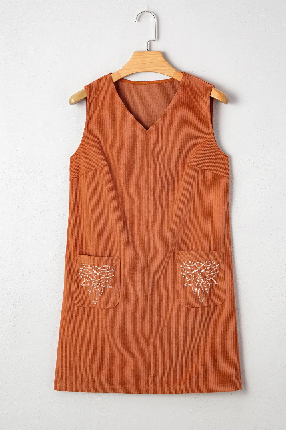 Gold Flame Corduroy Western Embroidered Patched Pocket Sleeveless Mini Dress - Gold Flame
