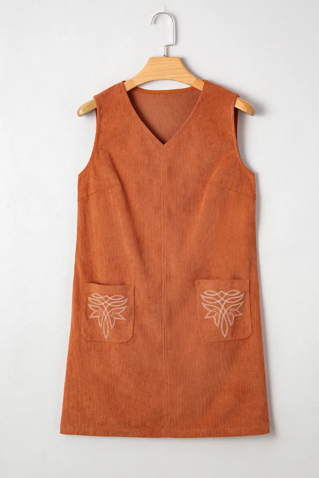Gold Flame Corduroy Western Embroidered Patched Pocket Sleeveless Mini Dress Gold Flame - Shop at LoveMi