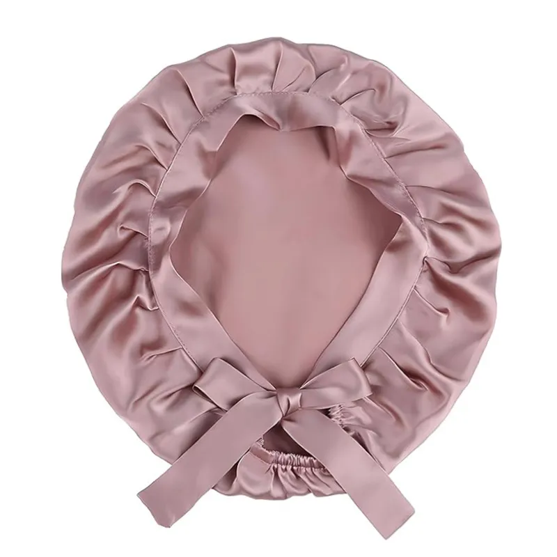 Double Layer Silk Elastic Band Nightcap - Lace Up Pink