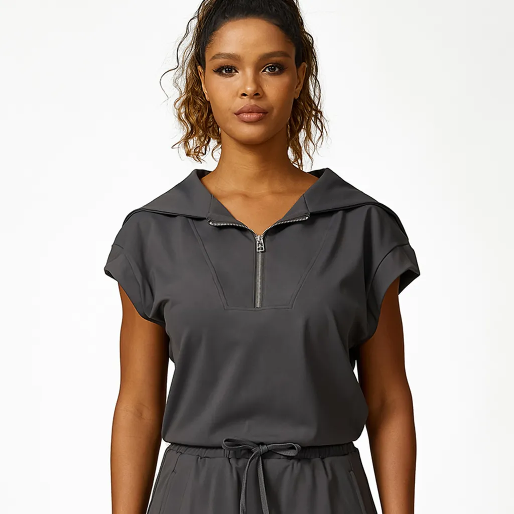 Loose Half Zipper And Lapel Sleeveless Top Casual Trousers Lace-up Shorts Three-piece Set - Gray