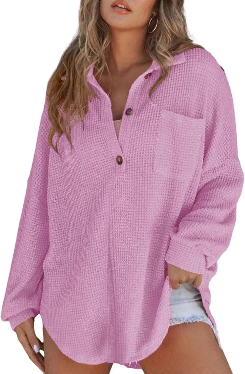 Women's Waffle Knit Loose Long Sleeve Top - Purple