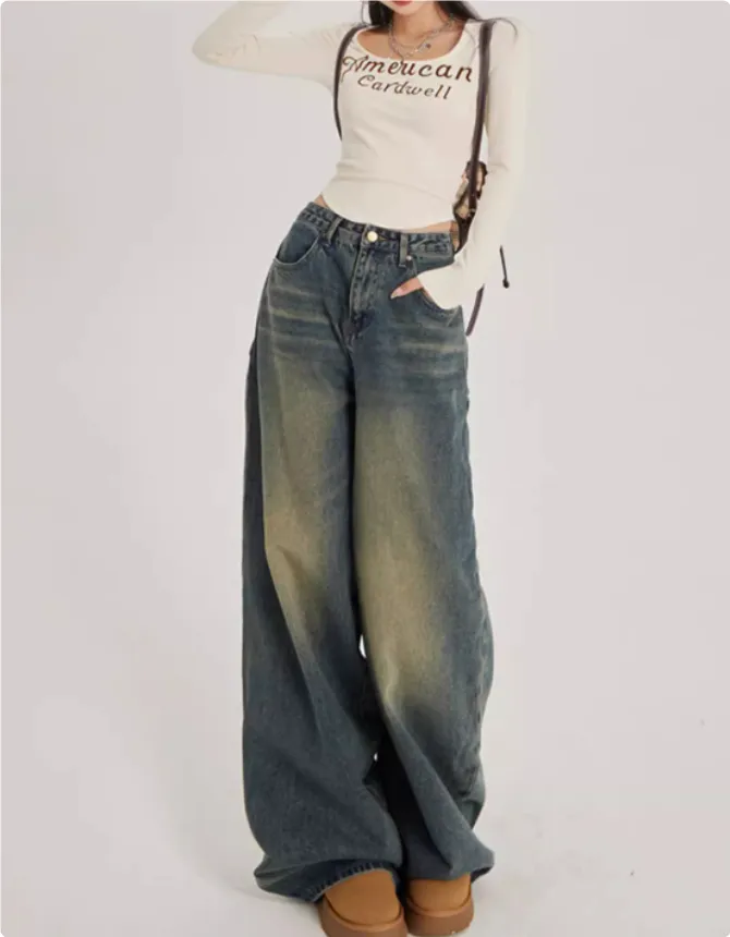 High Waisted Wide Leg Jeans For Women - Nostalgic Blue