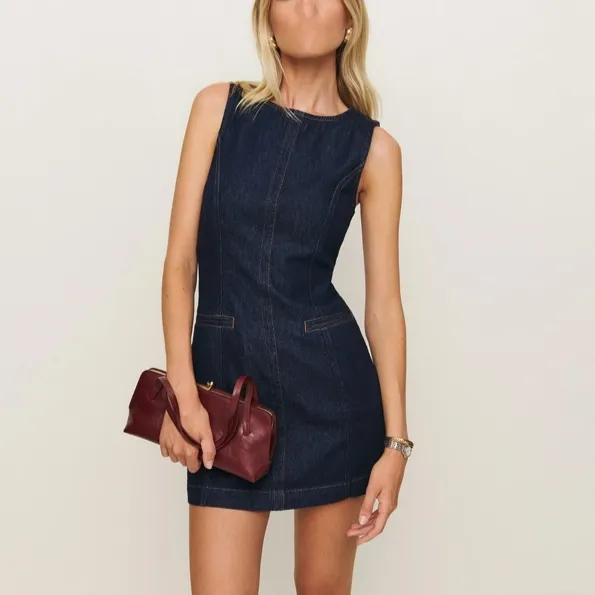 French Fashion Round Neck Slim Fit Denim Sleeveless Dress Blue - Shop at LoveMi