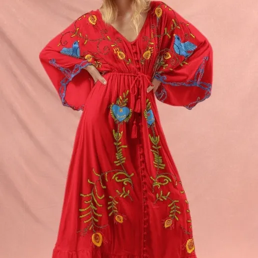 Loose Vacation Bohemian Flowers Embroidery Tassel Dress Red - Shop at LoveMi