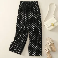 Cotton Hemp Polka Dots Tied Elastic Waist Harem Pants For Women - Black - View 1