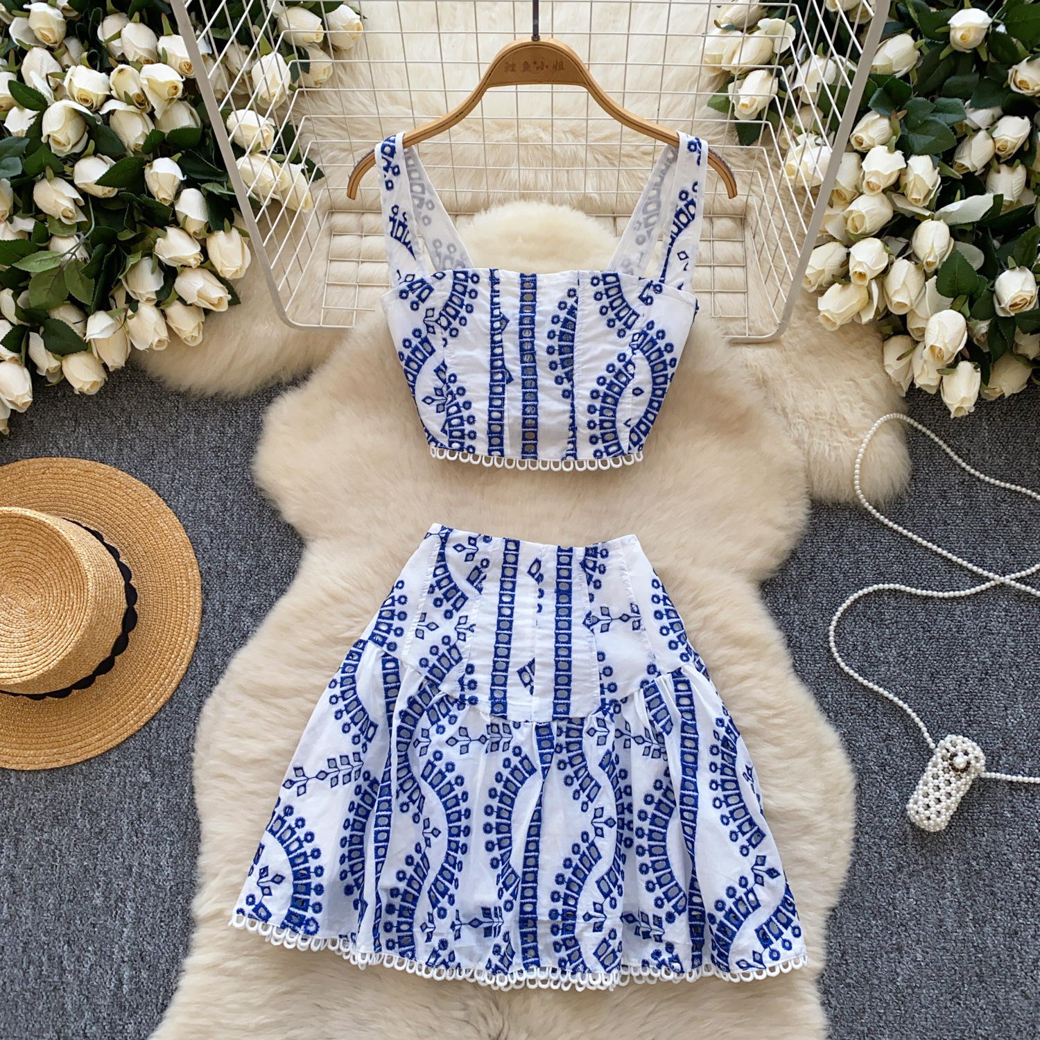 European And American Hot Girls Hollow Embroidery Suit Blue - Shop at LoveMi