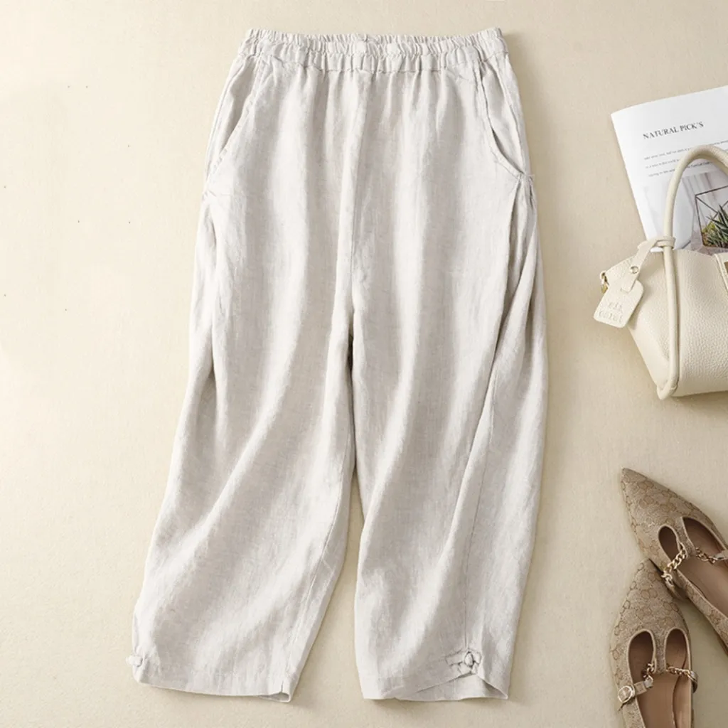 Women's Cotton And Linen Retro Literary Loose Bloomers - Raw Jute Color