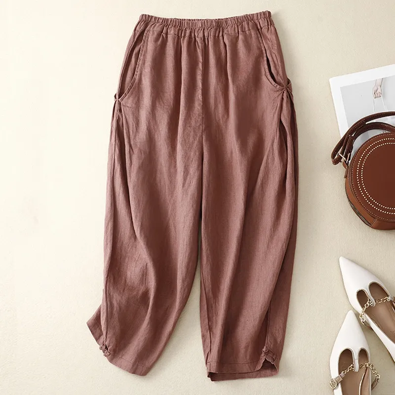 Women's Cotton And Linen Retro Literary Loose Bloomers - Leather Red