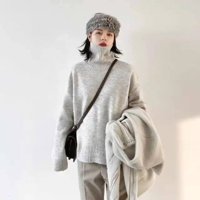 Women's Turtleneck Sweater Vintage Thickened Sweater Gray White - Shop at LoveMi