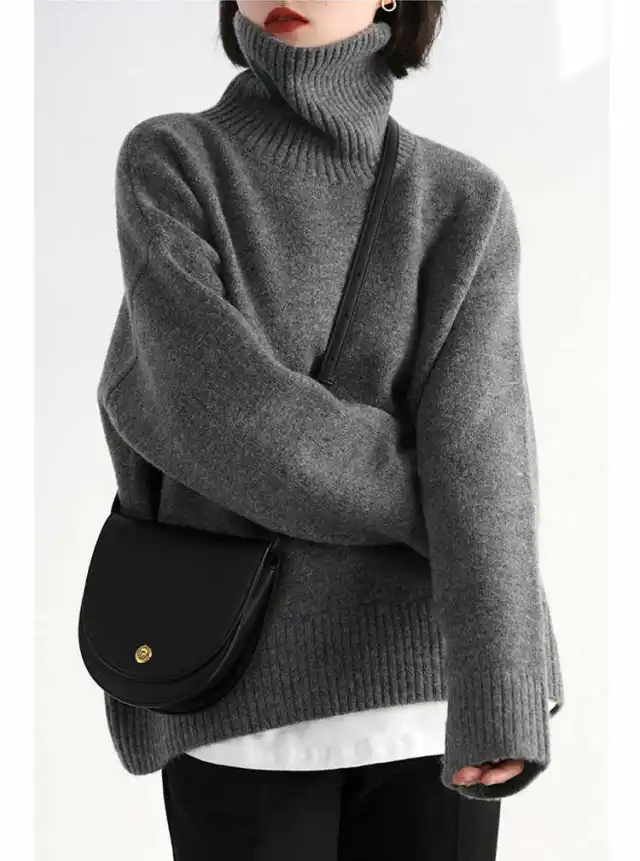 Women's Turtleneck Sweater Vintage Thickened Sweater Gray - Shop at LoveMi
