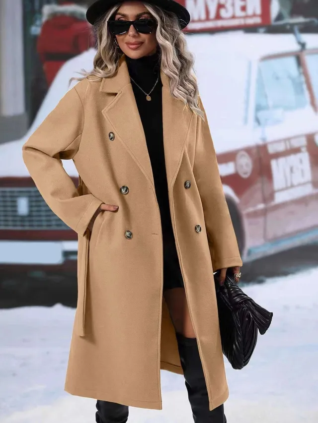 Autumn And Winter Solid Color Double Breasted Lace up Woolen Coat Khaki - Shop at LoveMi