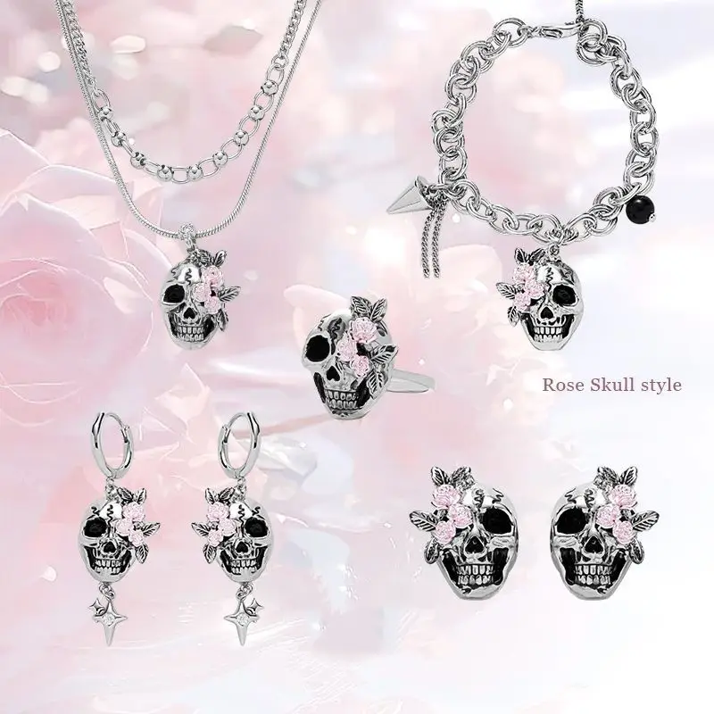 Rose Skull Silver Pin Earrings Ring