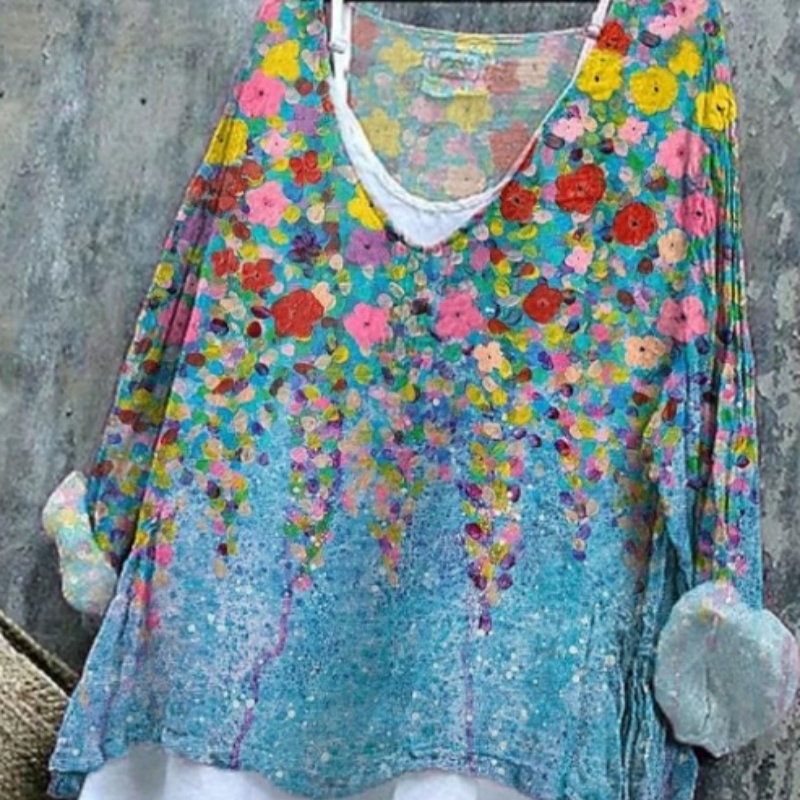 Women's Blue Flower Pattern Print Cotton And Linen Shirt