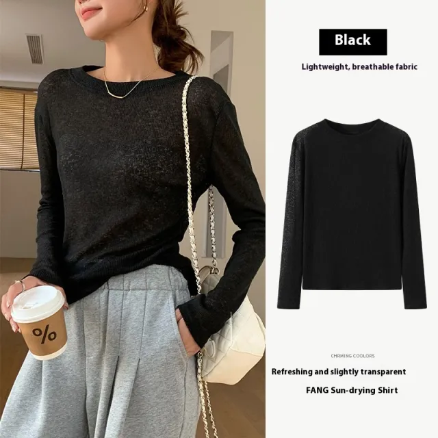 Soft Glutinous Sweater Hollow Sweater Round Neck Loose Top Black - Shop at LoveMi
