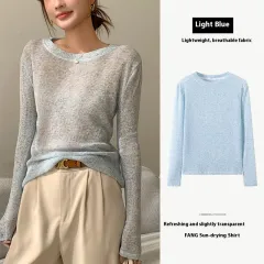 Soft Glutinous Sweater Hollow Sweater Round Neck Loose Top - Blue - View 1