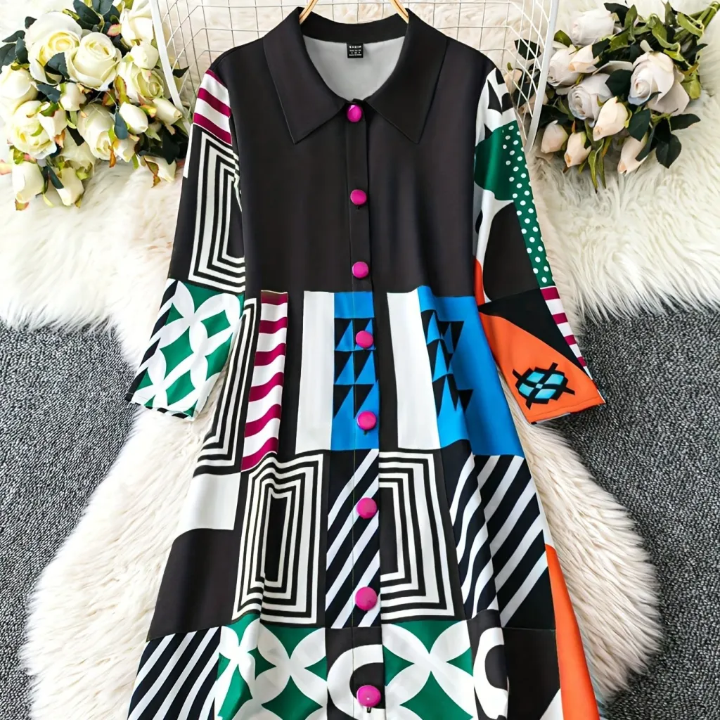 Women's Pleated Bohemian Shirt Dress - Black