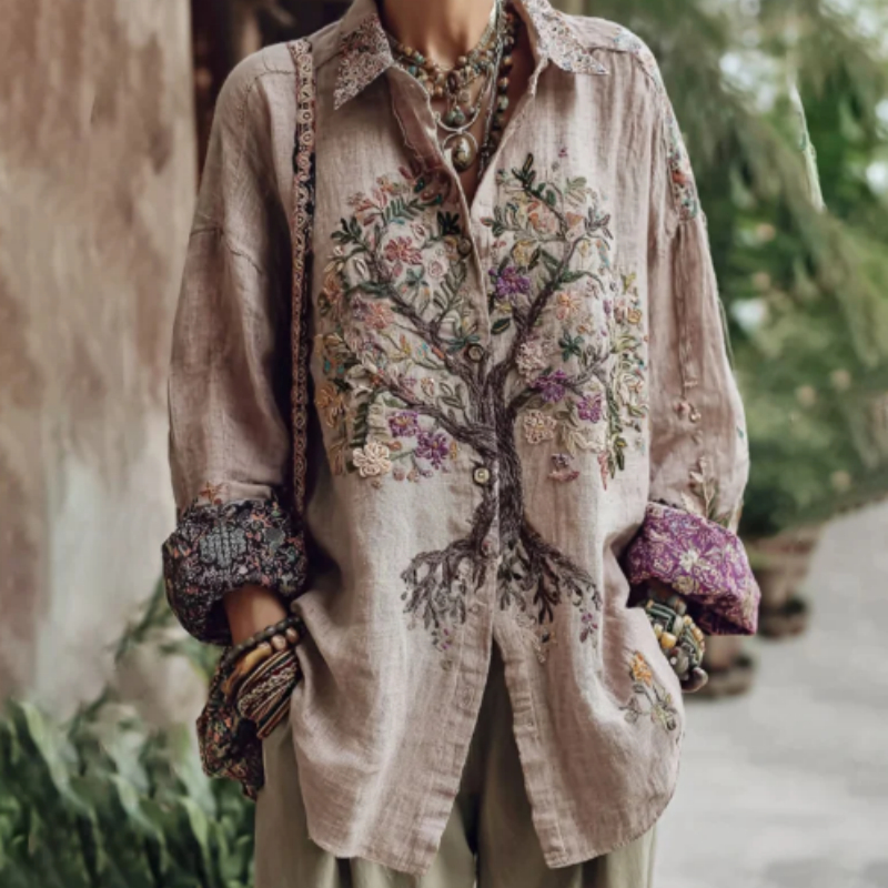 Women's Tribal Tree Of Life Print Long Sleeve Casual Shirt