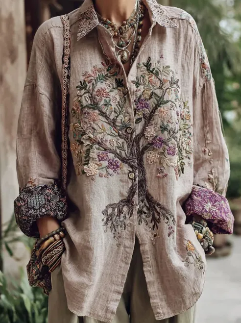 Women's Tribal Tree Of Life Print Long Sleeve Casual Shirt Pink - Shop at LoveMi