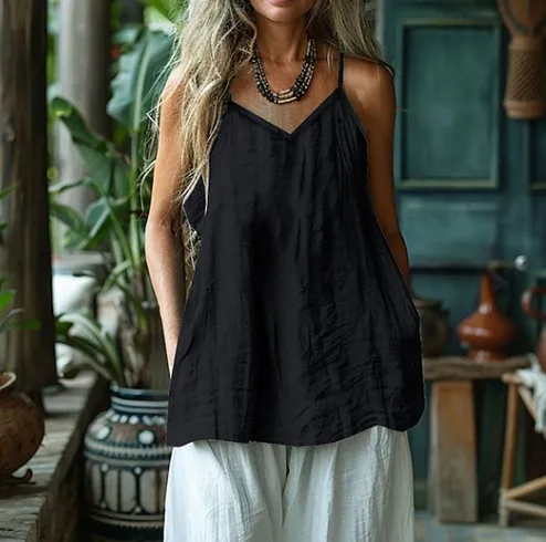 Women's Solid Color Cotton Linen Tank Layering Top - Black