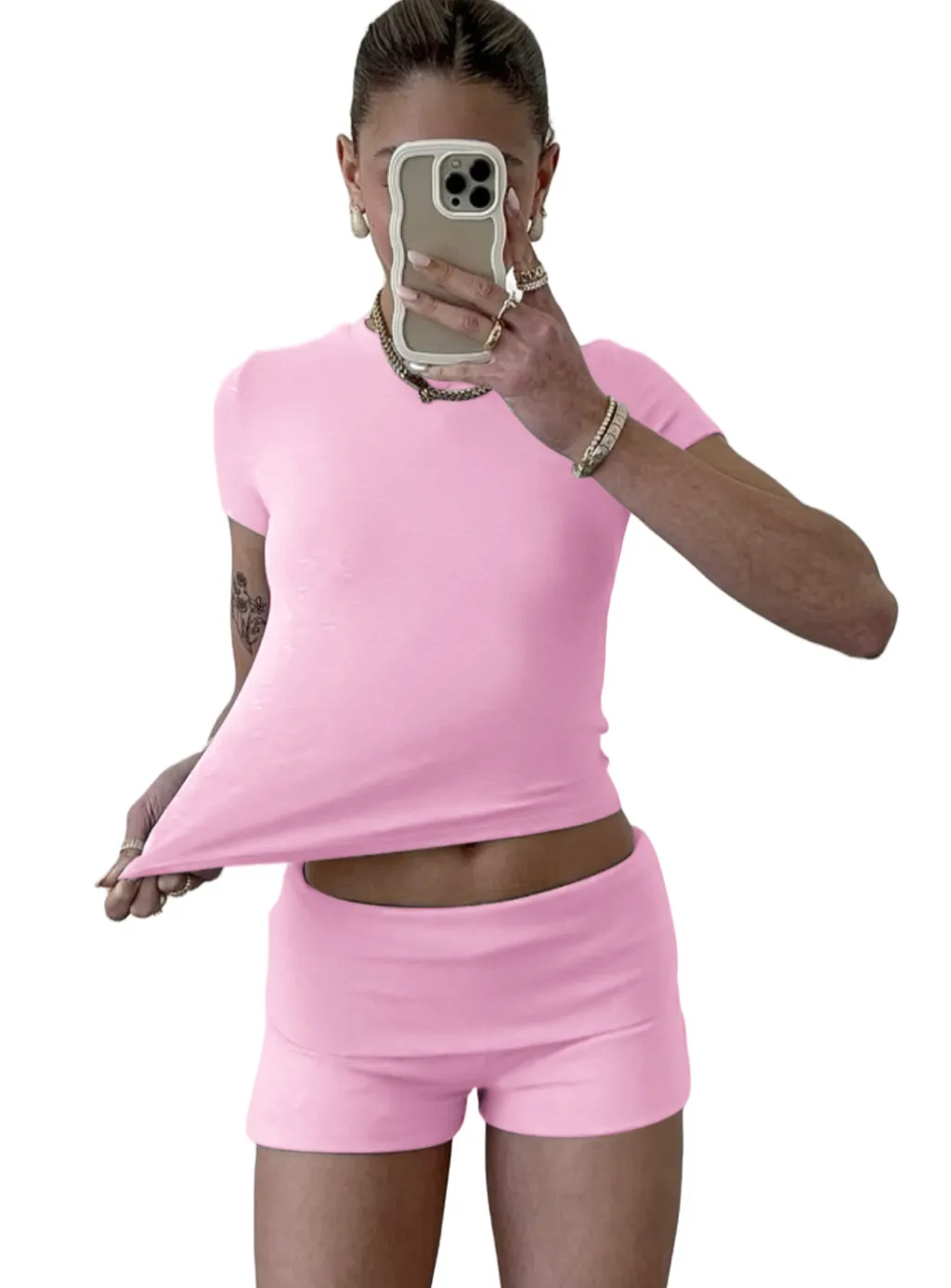 Casual Women's Workout Two-piece Short Sleeve High Waist Fold Bell-bottom Pants Shorts - Pink