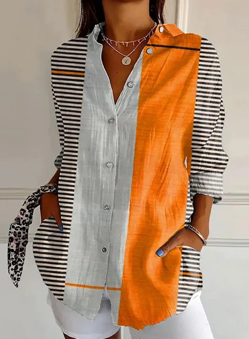 Women's Colorful Geometric Cozy Shirt Orange - Shop at LoveMi