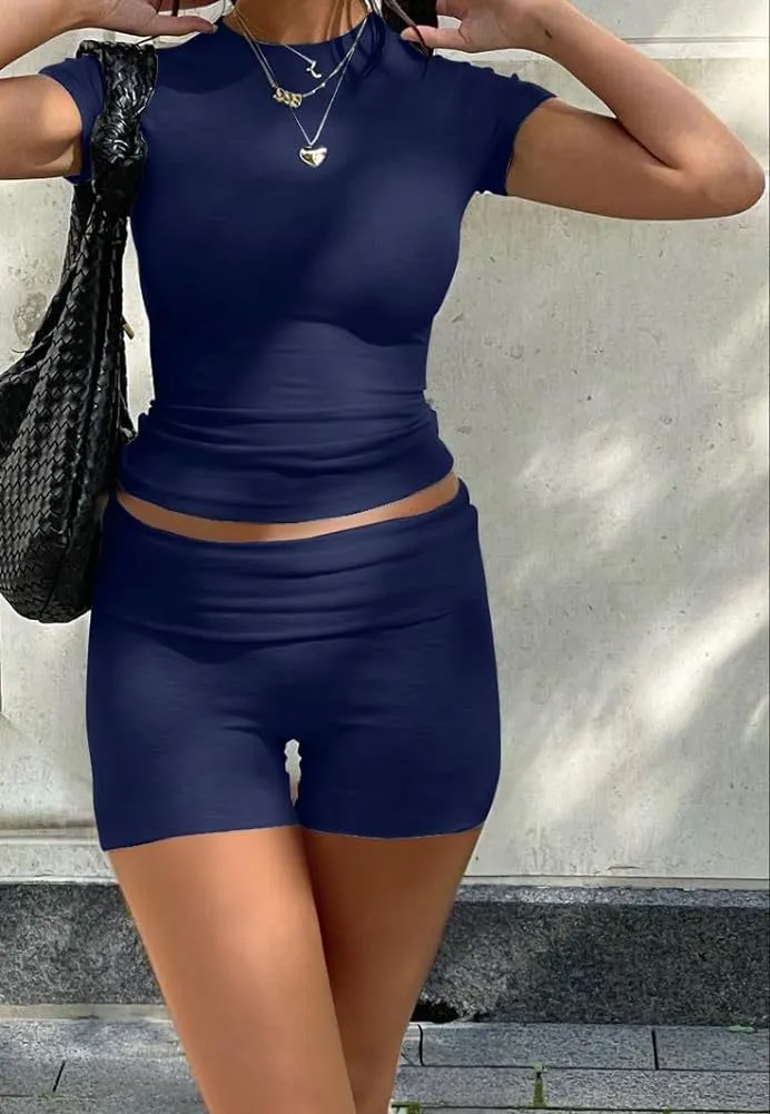 Casual Women's Workout Two-piece Short Sleeve High Waist Fold Bell-bottom Pants Shorts - Navy