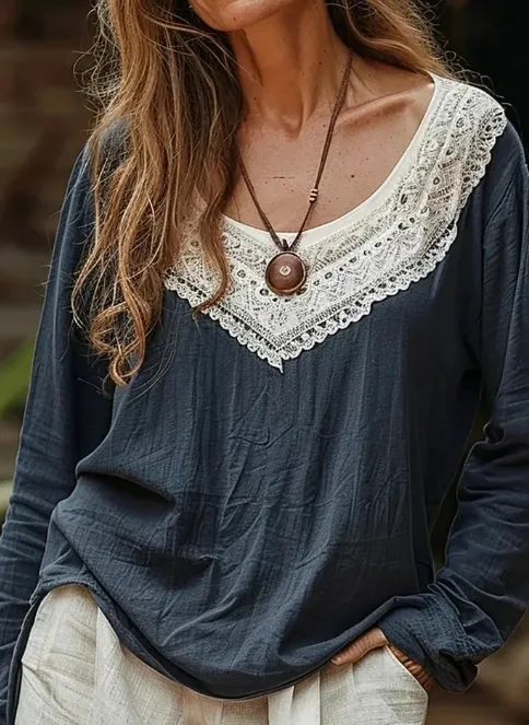 Elegant Lace Floral Art Long Sleeve Cozy Tunic Blue - Shop at LoveMi
