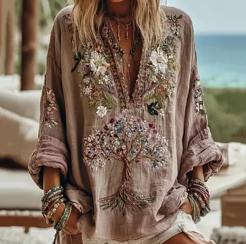 Women's Tribal Tree Of Life Floral Art Casual Shirt Pink - Shop at LoveMi