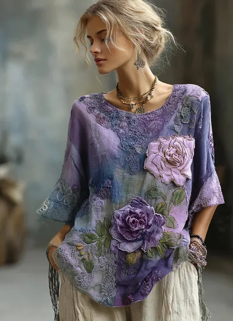 Vintage Bohemian Floral Patchwork Linen T-shirt - Purple