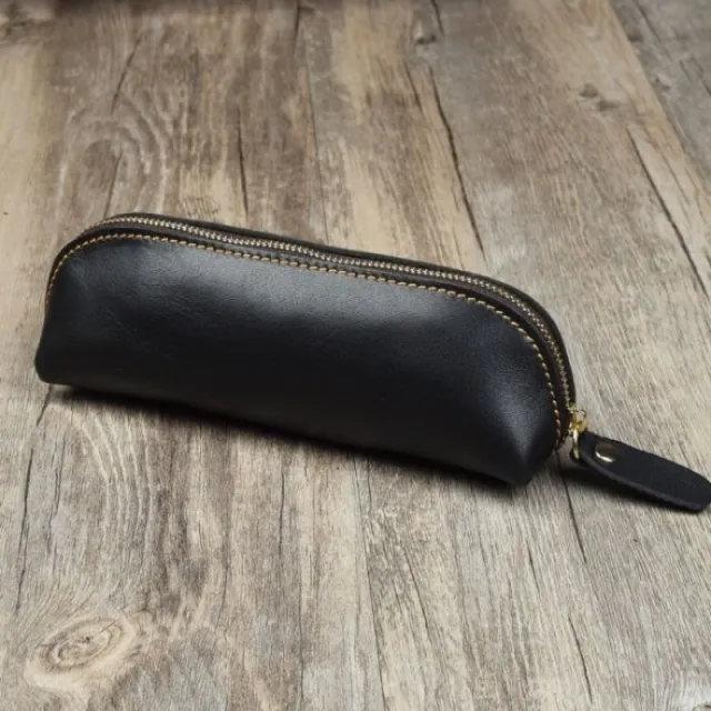 Crazy Horse Leather Handmade And Simple Storage Pencil Case Black - Shop at LoveMi