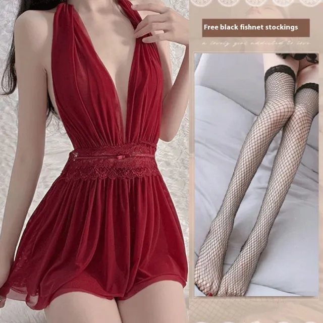 French Mesh Backless Halter Sexy And Breathable Nightdress For Women Red - Shop at LoveMi