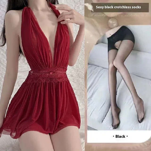 French Mesh Backless Halter Sexy And Breathable Nightdress For Women Wine Red With T Open Gear - Shop at LoveMi