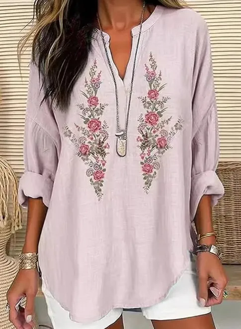 Women's Floral Print Linen Blend Loose Blouse Pink - Shop at LoveMi