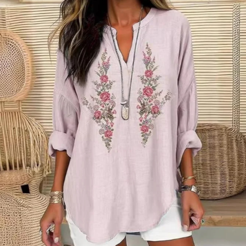 Women's Floral Print Linen Blend Loose Blouse