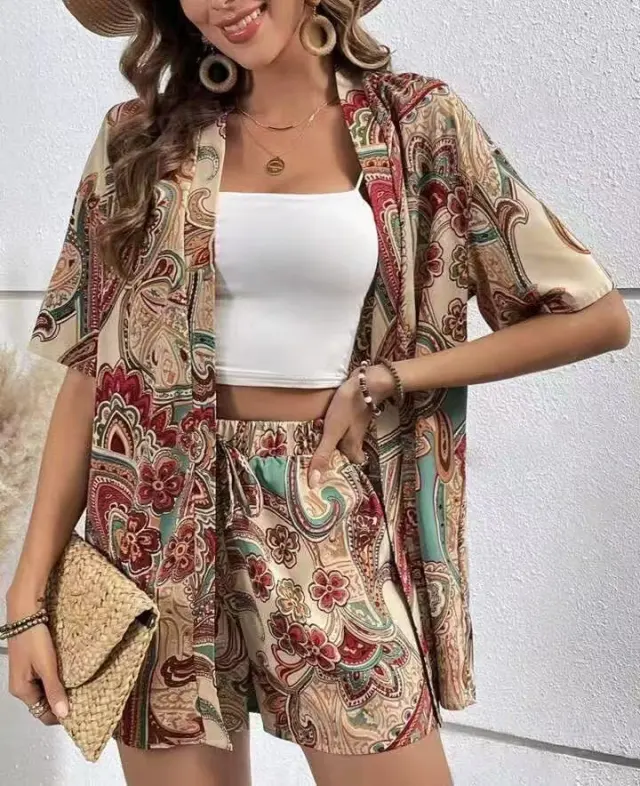 Female Fashion Casual Printing Cardigan Suit Brown - Shop at LoveMi