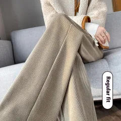 Chenille Fleece-lined Thickening Wide Leg Pants Women's Autumn And Winter - Oatmeal Colour Common Style - View 1