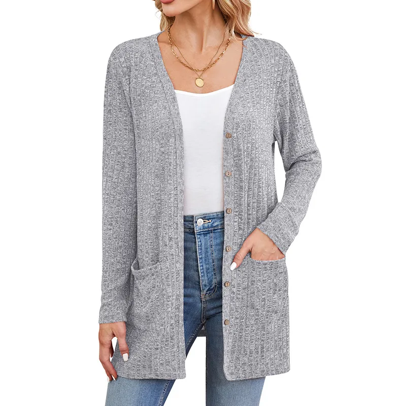 Fall Women's Clothing Sunken Stripe Solid Color Long Sleeve Women's Sweater - Grey