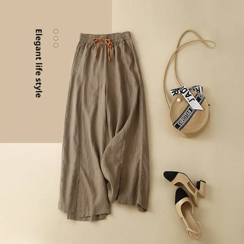 Elastic Waist Versatile Loose Artistic Cotton Linen Wide Leg Pants - Khaki