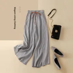 Elastic Waist Versatile Loose Artistic Cotton Linen Wide Leg Pants - Grey - View 1