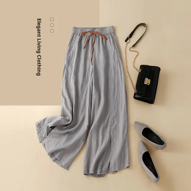 Elastic Waist Versatile Loose Artistic Cotton Linen Wide Leg Pants Gray - Shop at LoveMi